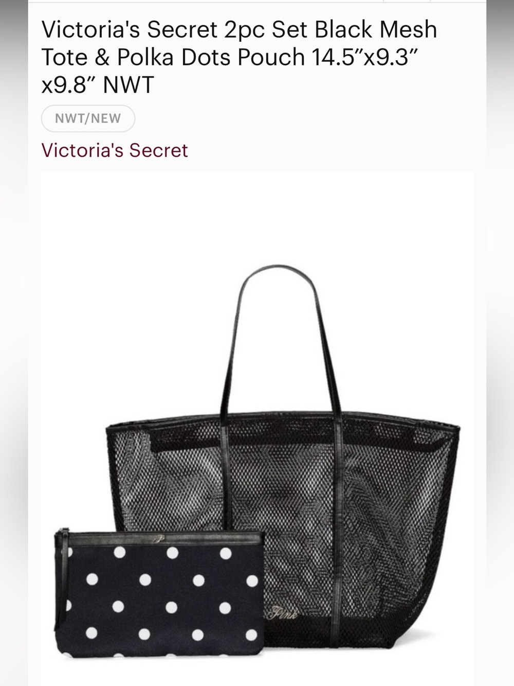 New! Victoria's Secret large Black Mesh Tote bag & small Black Polka Dot Pouch